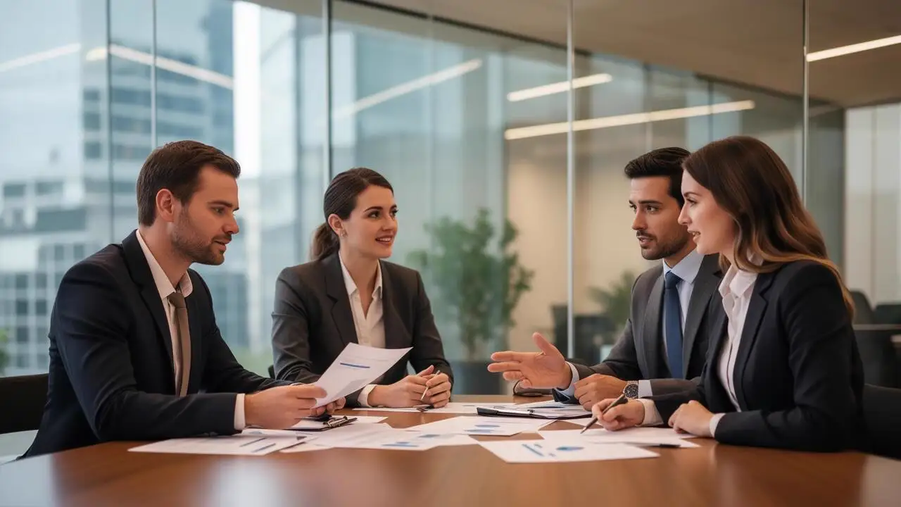 Business consultants discussing company formation documents in a modern Dubai office