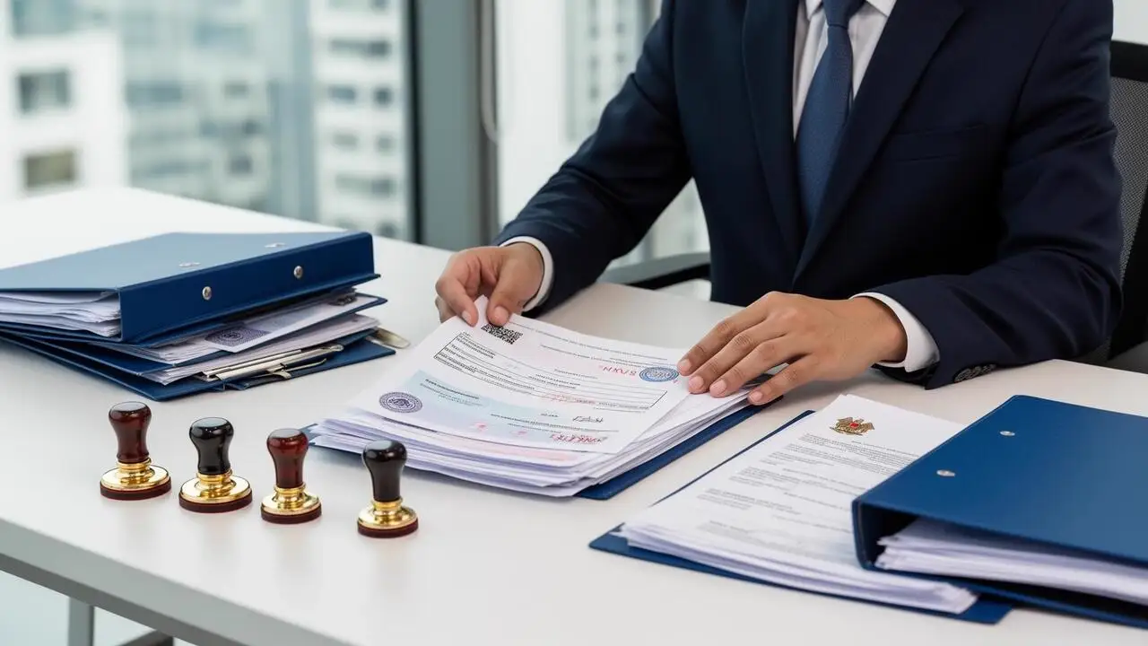 Corporate consultant handling official documents and visa paperwork at office desk